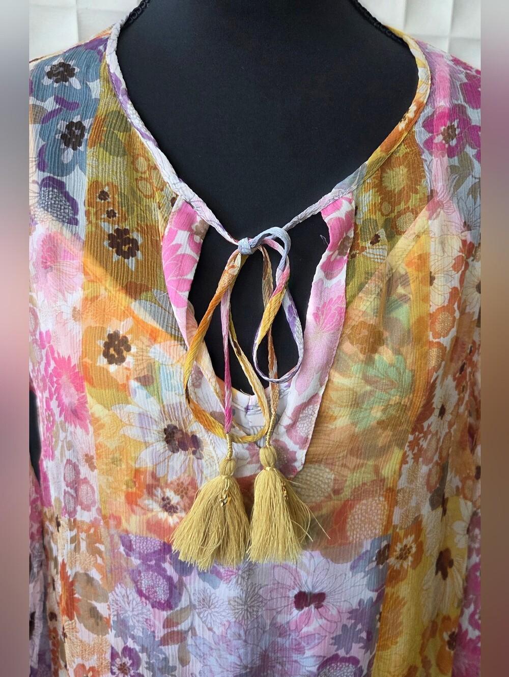 Johnny Was Becky Silk Chiffon Peasant Top Patchwork Floral Tassel Ties Small - Picture 3 of 12